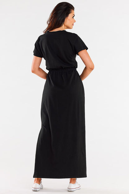 Full length display of the Infinite You Cotton Lycra Maxi Dress, capturing its sophisticated elegance and flattering silhouette.