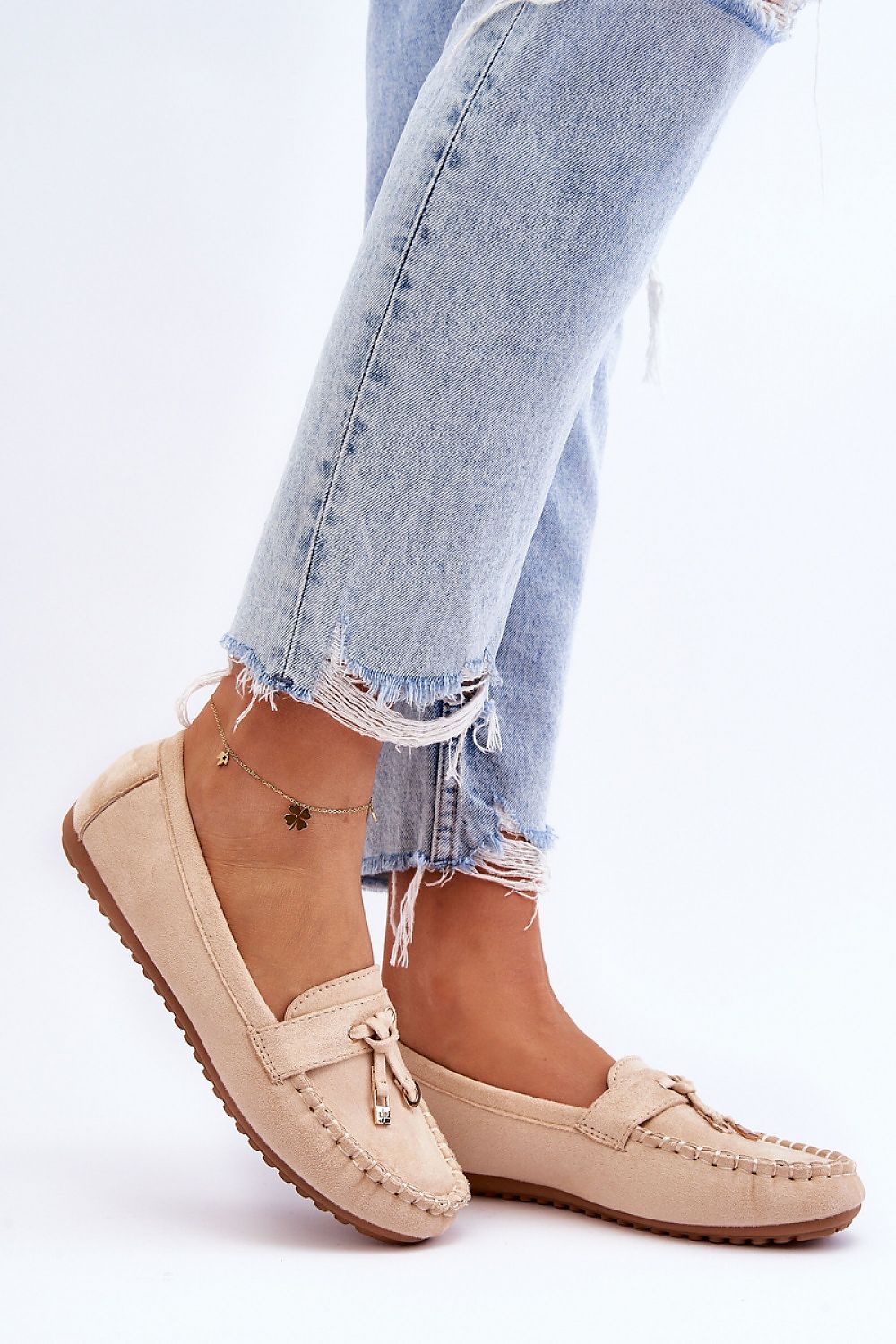 Luxury eco-suede moccasins for women designed by Step in Style, featuring decorative straps with padlock and ring on the front, perfect for spring and autumn wear.