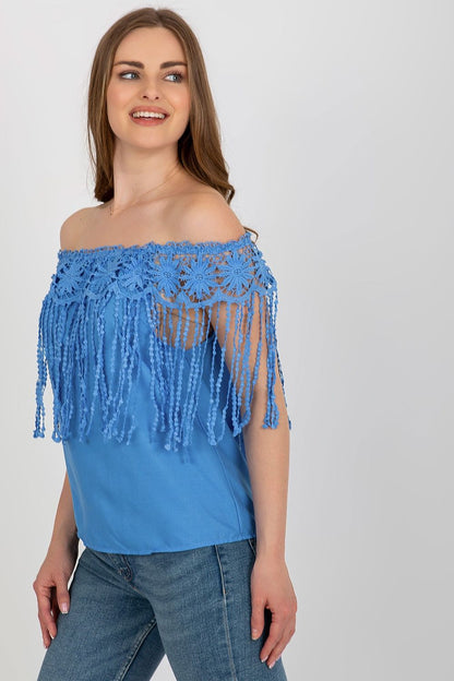 Stylish summer blouse in cotton blend by vendor AT, highlighted by ornate lace and a fashionable Spanish-style neckline.