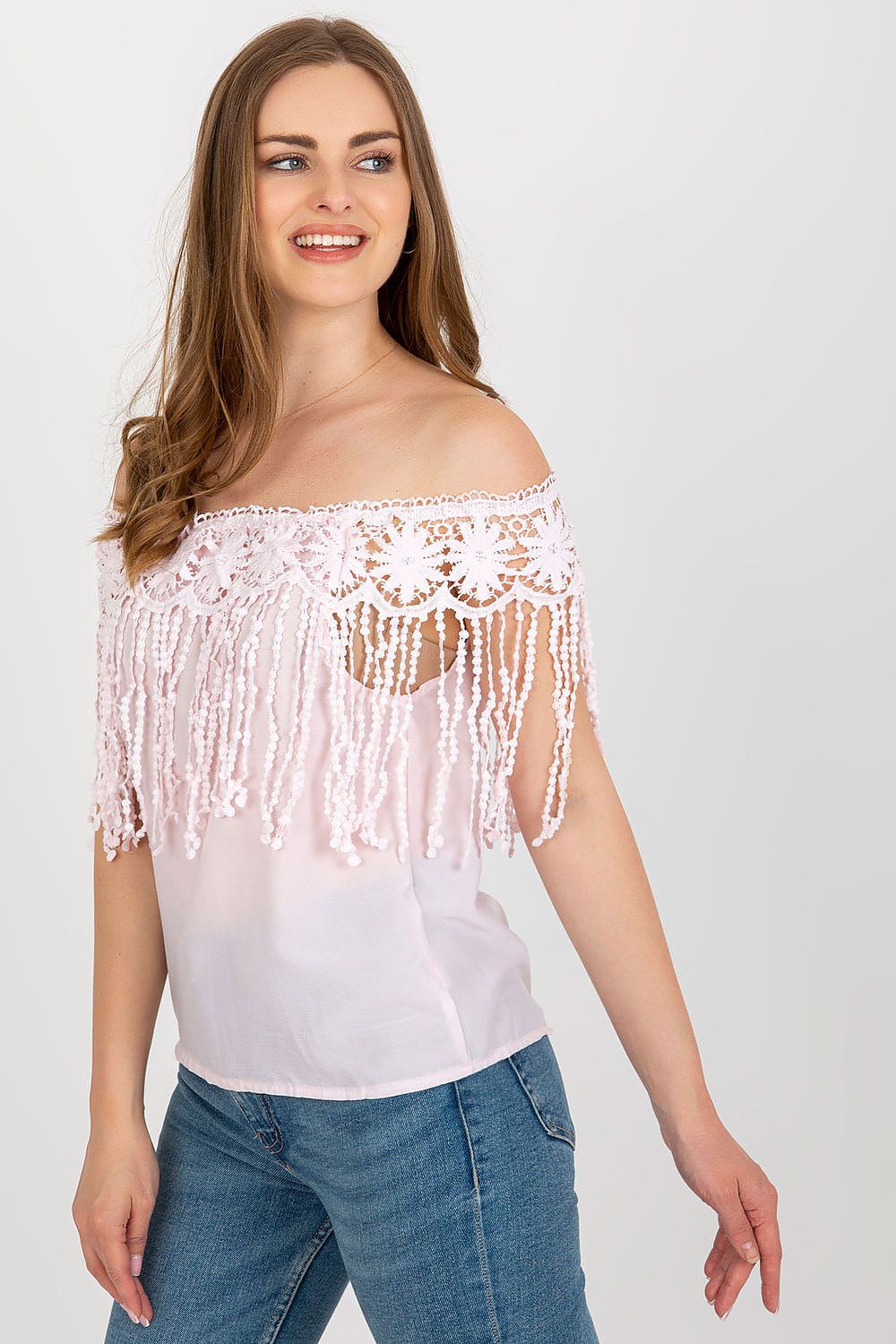 The stylish silhouette of the elegant summer blouse by AT, highlighting its cotton blend fabric and luxurious design.