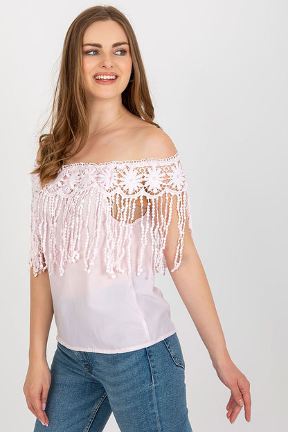 The stylish silhouette of the elegant summer blouse by AT, highlighting its cotton blend fabric and luxurious design.