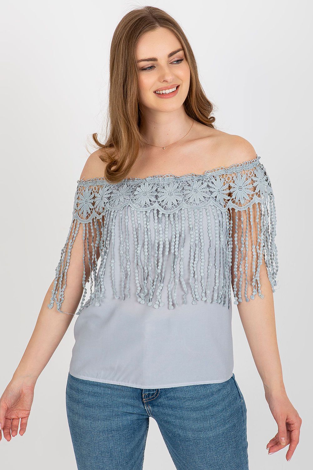 Elegant Summer Blouse by AT featuring a Spanish-style neckline with intricate lace trim, perfect for luxury summer fashion.