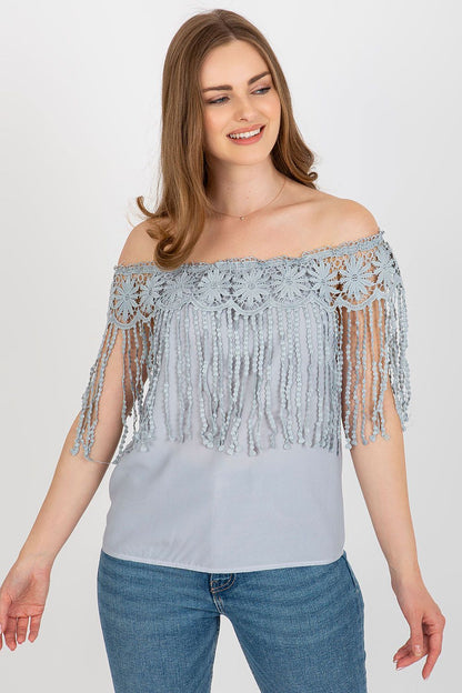 Elegant Summer Blouse by AT featuring a Spanish-style neckline with intricate lace trim, perfect for luxury summer fashion.