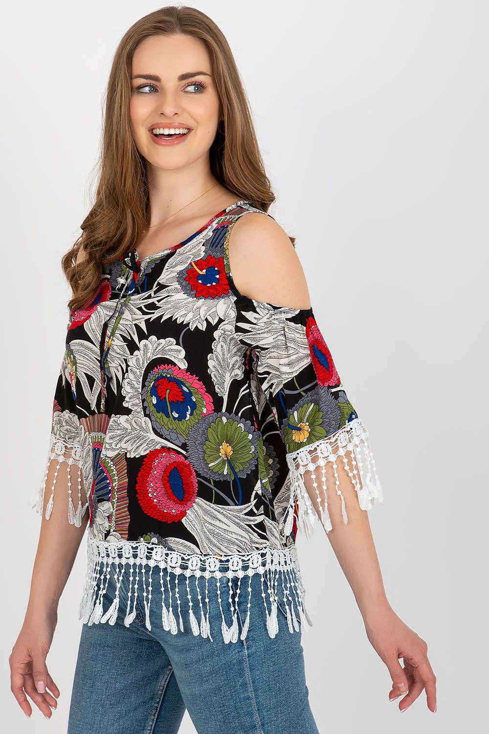 Luxury printed summer blouse with 3/4 sleeves by AT, featuring a round neckline and decorative tassels, perfect for elegant outdoor occasions.