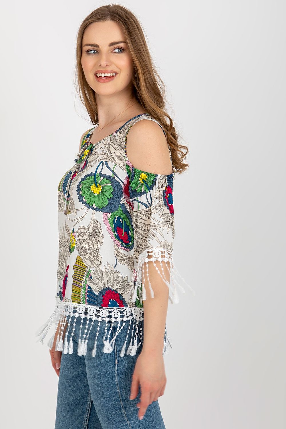 Stylish close-up of luxury printed summer blouse with tassels by AT, showcasing the soft cotton-polyester fabric blend.