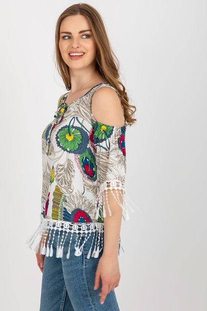 Stylish close-up of luxury printed summer blouse with tassels by AT, showcasing the soft cotton-polyester fabric blend.