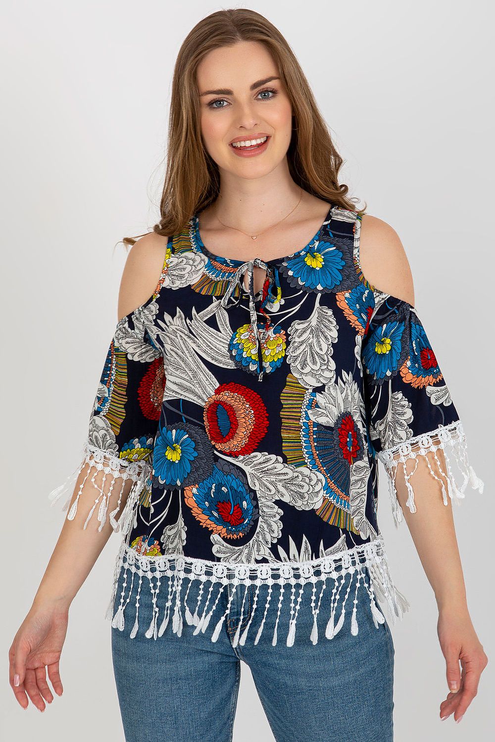 Luxe summer blouse by AT designed with a round neckline and three-quarter sleeves, perfect for casual and semi-formal outings.