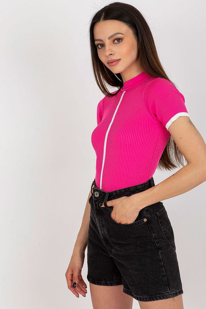 Stylish Badu ribbed blouse displayed on a hanger, emphasising the short sleeves and chic half turtleneck, ideal for fashionable outfits.