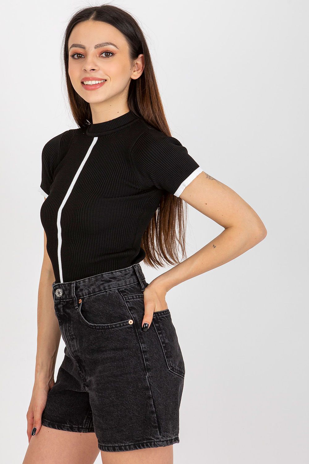 Elegant Badu ribbed blouse featuring short sleeves and a half turtleneck, crafted from luxurious stretchy polyester for everyday sophistication.