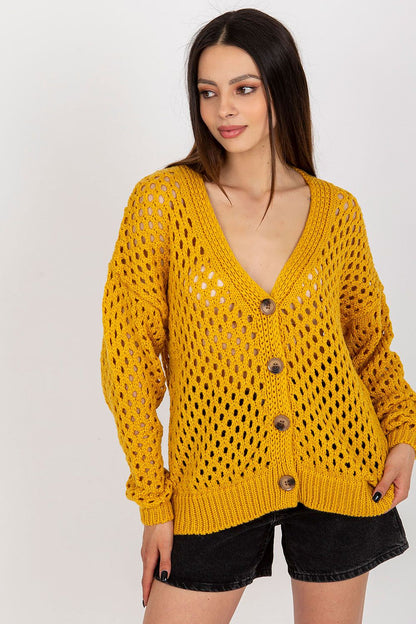 Luxurious openwork long-sleeved cardigan for women by Badu in soft acrylic and wool blend, showcasing elegant button closure.