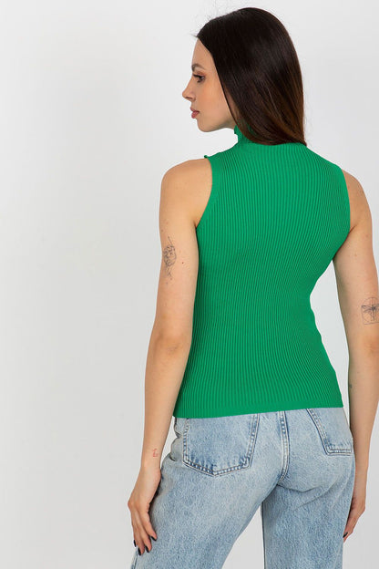 Luxury sleeveless turtleneck blouse by Badu featuring decorative zircons and a sophisticated ribbed texture.