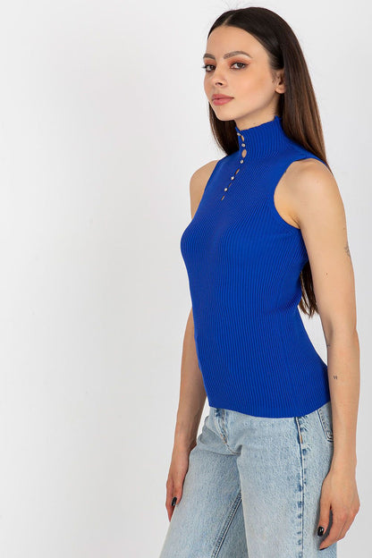 Luxury sleeveless turtleneck blouse by Badu featuring decorative zircons on ribbed fabric, perfect for elegant occasions.