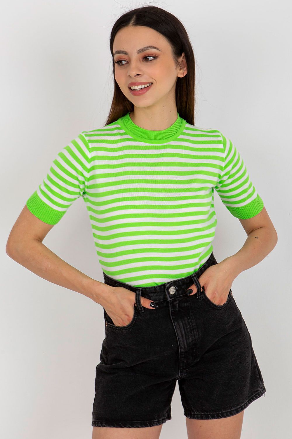 Luxurious colourful striped knitted blouse with short sleeves and round neckline by Badu, showcasing a vibrant design for a chic look.