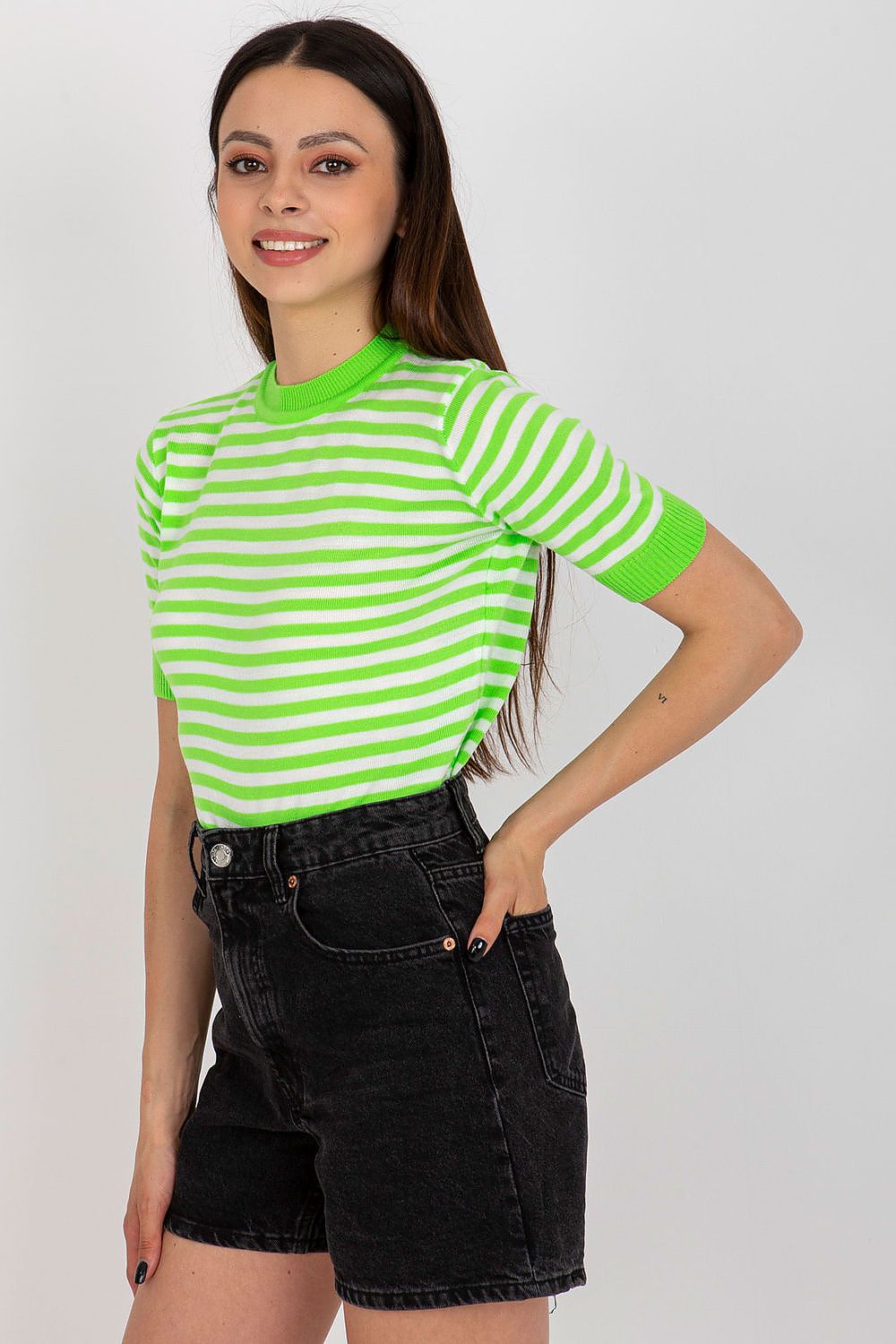 Elegant knitted blouse featuring colourful stripes, with short sleeves and a round neckline, crafted by Badu for sophisticated style.