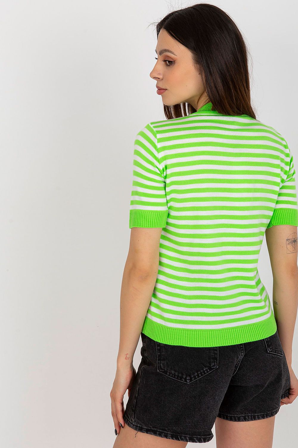 Elegant colourful striped knitted blouse with short sleeves and round neckline, by luxury brand Badu.