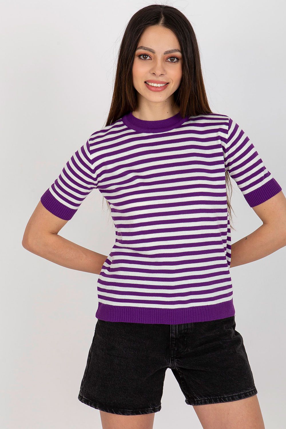 Chic outfit inspiration featuring the short-sleeved knitted blouse with colourful stripes, designed by Badu.