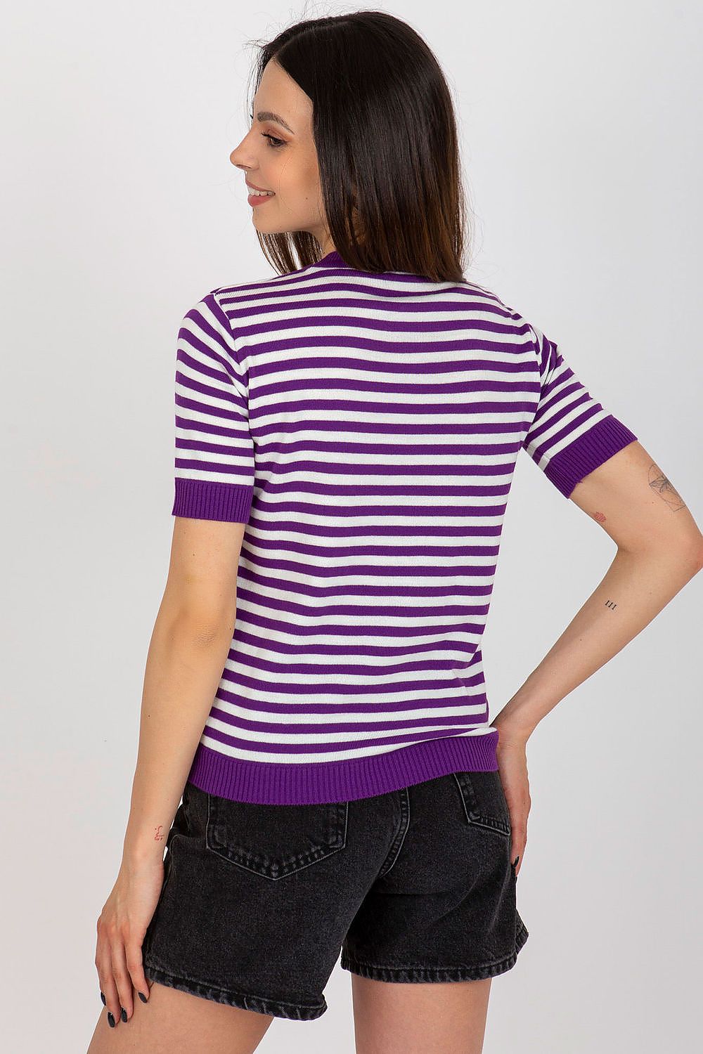 Beautifully crafted knitted blouse with vibrant stripes by Badu, designed with short sleeves and a chic round neckline for an upscale look.