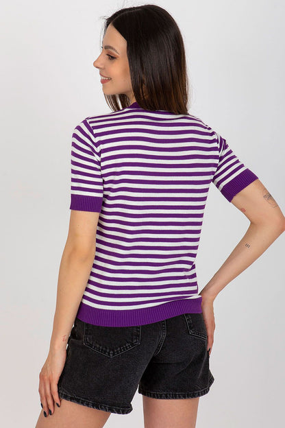Beautifully crafted knitted blouse with vibrant stripes by Badu, designed with short sleeves and a chic round neckline for an upscale look.