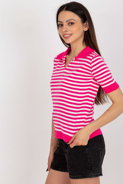 Close-up of Badu's luxury striped knitted blouse, showcasing soft fabric blend of acrylic and wool, highlighting the delicate collar and short sleeves.