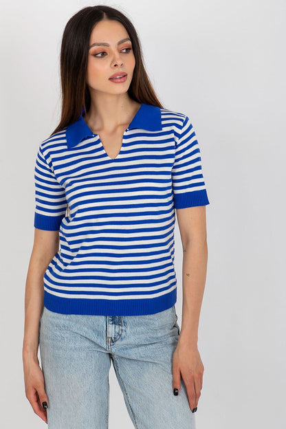 Luxury striped knitted blouse by Badu featuring a collar, crafted from 70% acrylic and 30% wool, elegant short sleeves, in EU size 0.