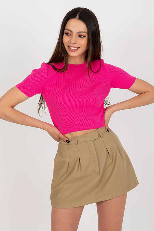 Badu Women's Short Ribbed Blouse with Round Neckline, elegantly showcasing the luxurious ribbed fabric in a sophisticated design.