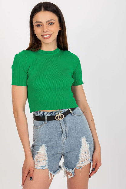 Badu Women's Short Ribbed Blouse displayed on a hanger, showcasing the refined quality and chic design for modern elegance.