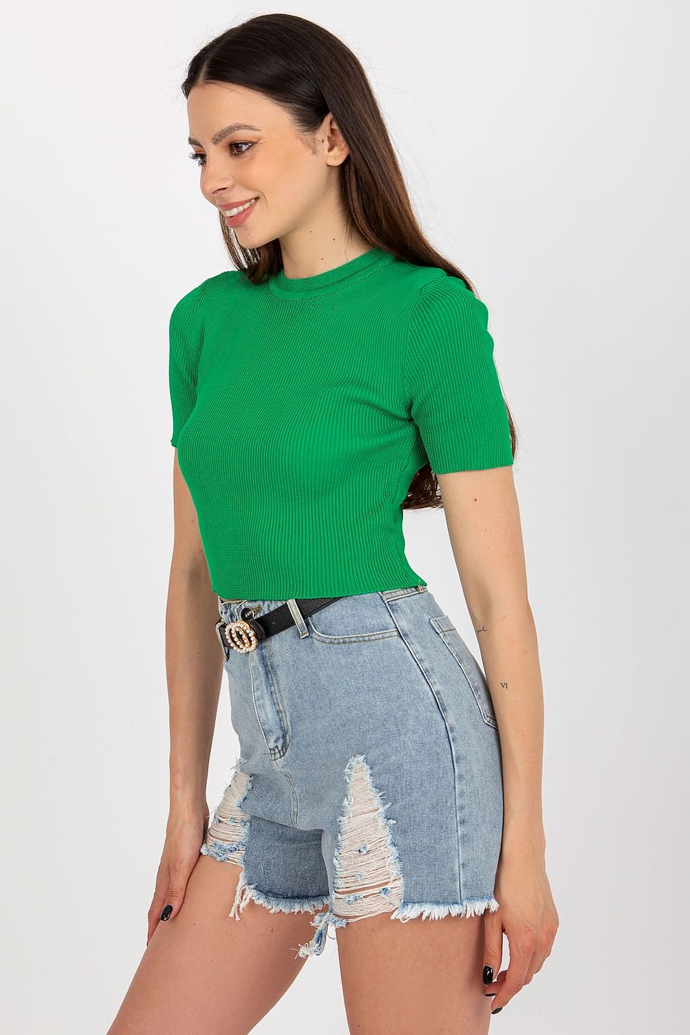 Badu Women's Short Ribbed Blouse flat lay, emphasizing its stylish ribbed texture and versatile round neckline perfect for any occasion.