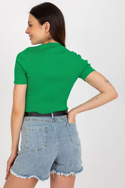 Elegant Badu women's short ribbed blouse featuring a refined round neckline and short sleeves, perfect for a chic daytime look.