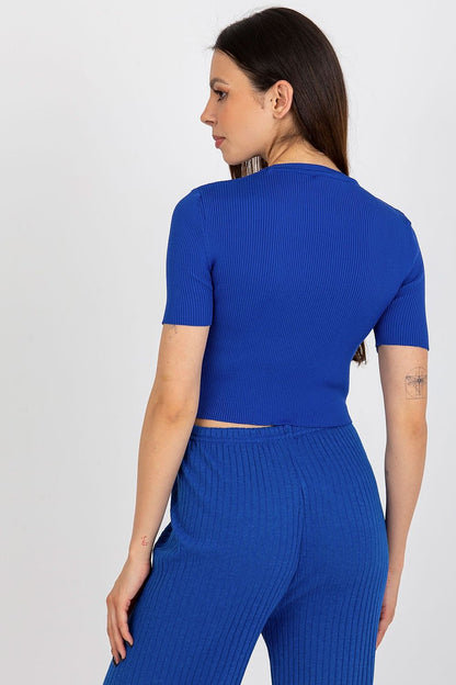 Stylish Badu women's ribbed blouse with short sleeves and round neckline, a must-have addition to any luxury wardrobe.