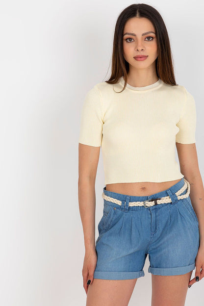 Badu women's short ribbed blouse displayed on a mannequin, emphasising its chic short sleeves and elegant silhouette, perfect for a stylish wardrobe.