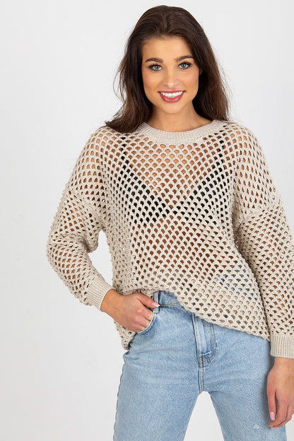 Elegant Badu summer openwork women's sweater in luxurious acrylic and wool blend, featuring long sleeves and a classic round neckline, ideal for sophisticated summer styling.