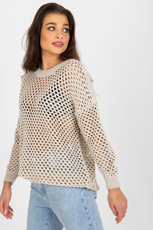 Badu women's openwork sweater displaying intricate summer design, crafted from 70% acrylic and 30% wool, with long sleeves and a chic round neck, perfect for a stylish and comfortable look.