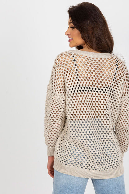 Elegant summer openwork women's sweater by Badu featuring long sleeves and a stylish round neckline, crafted from a luxurious blend of 70% acrylic and 30% wool.