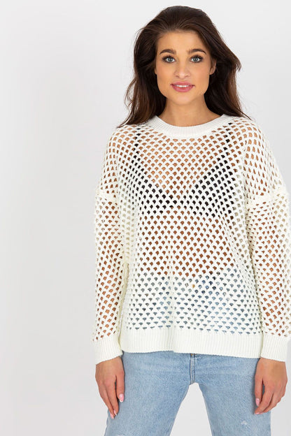 Close-up view of the Badu summer openwork women's sweater showcasing its intricate design and premium fabric composition of 70% acrylic and 30% wool.