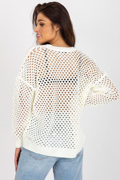The back of Badu's summer openwork women's sweater demonstrating the elegant fit and luxurious blend of materials, ideal for warm weather.