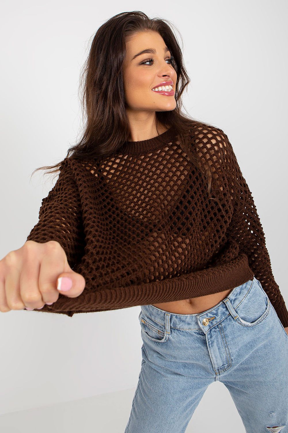 Badu summer openwork women's sweater featuring long sleeves and a round neckline, crafted from 70% acrylic and 30% wool, ideal for stylish summer layering.
