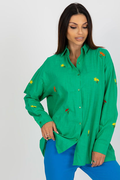 Elegant Women's Loose Fit Long Sleeve Shirt featuring vibrant embroidered colourful flowers, crafted from a luxurious cotton polyester blend by Factory Price.