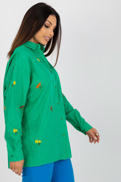 Chic view of Women's Long Sleeve Shirt with exquisite floral embroidery, designed in a loose fit for ultimate comfort, from Factory Price.