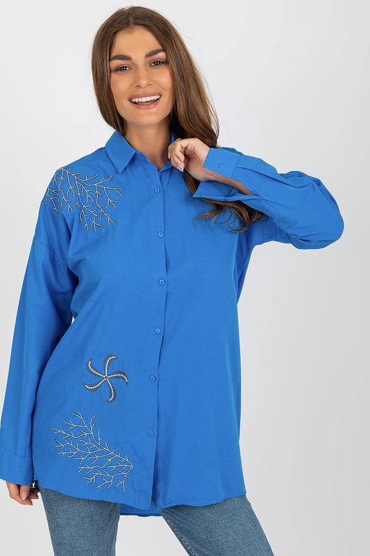 Luxury women's long sleeve buttoned shirt featuring unique embroidery, perfect for chic casual outfits. Available at Factory Price.