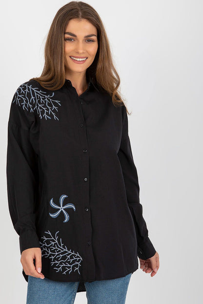 Different angles of a luxury women's embroidered cotton blend shirt, demonstrating its versatile styling options. Available through Factory Price.