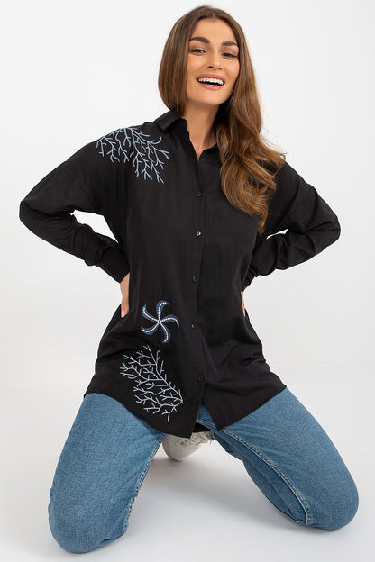 Luxury Women's long sleeve buttoned shirt with embroidery by Factory Price showcasing a comfortable cotton blend.