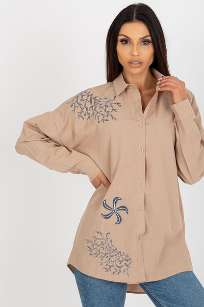 Elegant cotton blend long sleeve button-up shirt for women by Factory Price, perfect for a fashionable casual look.