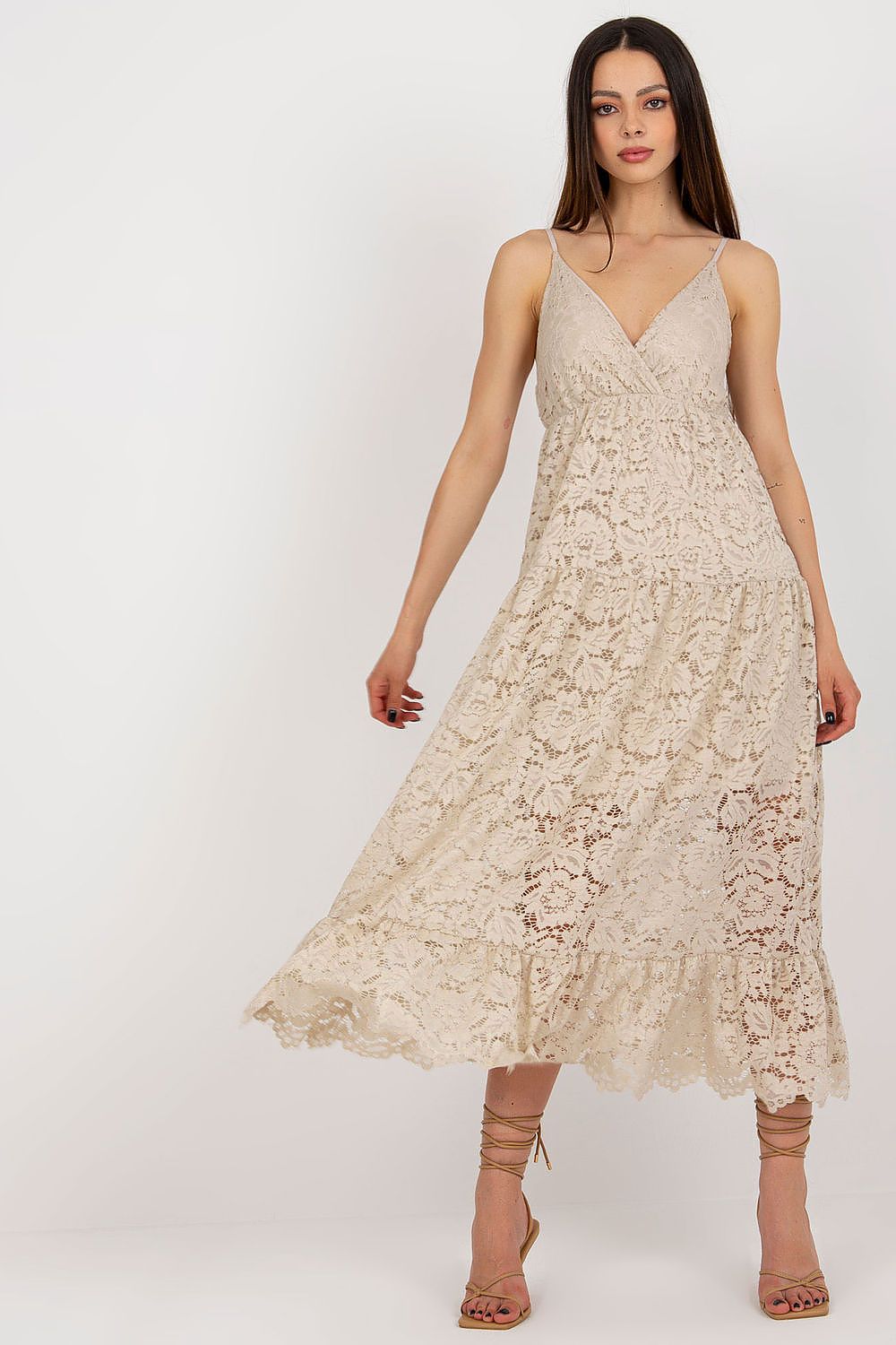 Elegant Lace Daydress with Adjustable Straps and Sweetheart Neckline by Och Bella, showcasing intricate lace detailing and a luxurious frill at the hem.