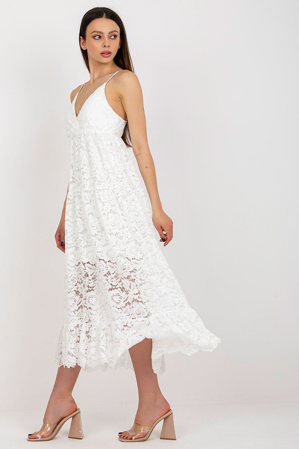 Elegant lace daydress with adjustable straps and sweetheart neckline by Och Bella, featuring delicate frill details.