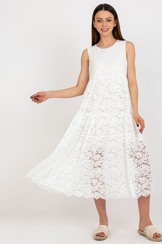 Elegant sleeveless dress by Och Bella featuring a flared design and intricate openwork, perfect for summer fashion.
