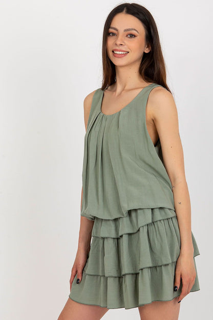 Elegant sleeveless viscose summer dress by Och Bella, featuring delicate ruffles and an elastic waistband, perfect for a luxurious summer look.
