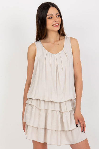 Lined summer dress with round neckline and ruffles, designed by Och Bella; ideal for chic outdoor events.