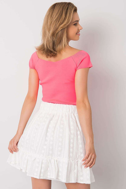 Full length shot of Calben's luxurious short sleeve blouse, featuring exquisite ribbed texture and round neckline for a refined style.