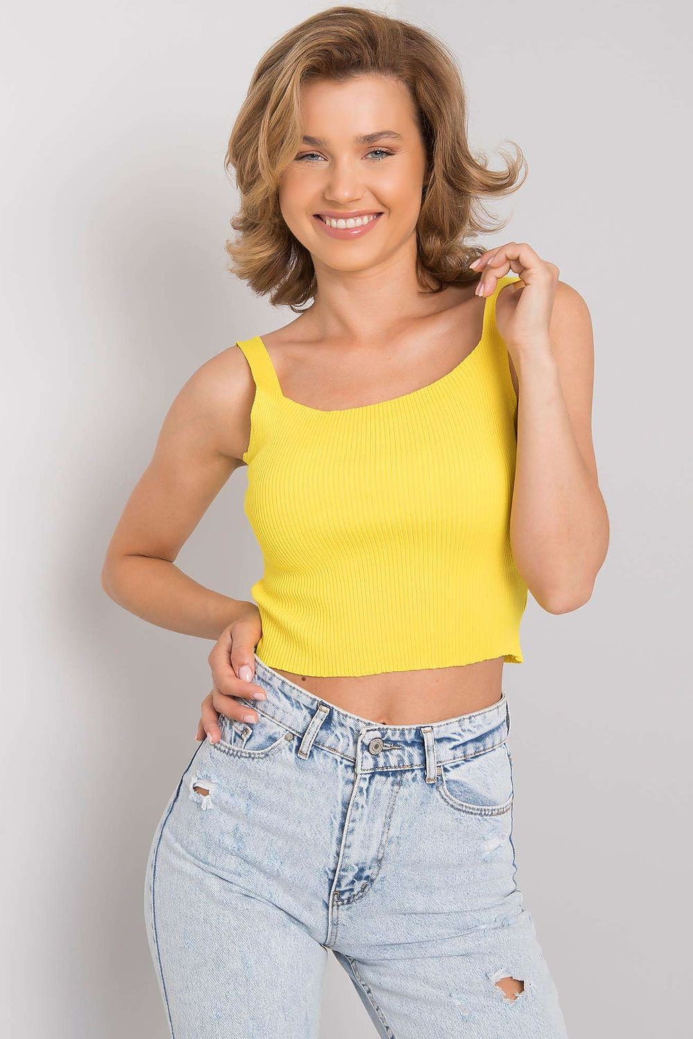 Stylish Women's Ribbed Acrylic Top by Calben featuring a round neckline and modern elegance, perfect for a chic wardrobe upgrade.