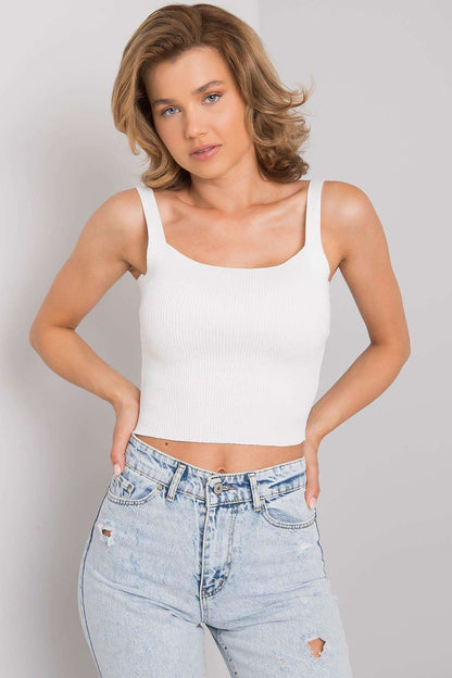 Stylish women's ribbed acrylic top by Calben featuring a round neckline, elegantly draping to highlight modern sophistication.